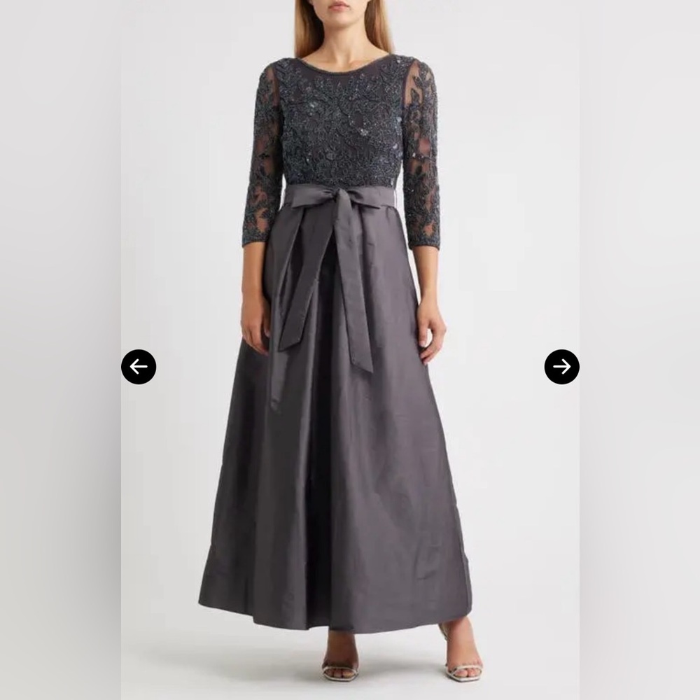 Pisarro Nights Slate Gray Lace Bodice Satin A-Line Evening Gown
